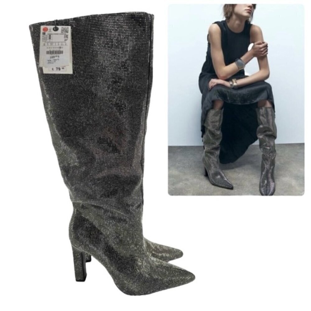 Zara - Women's Rhinestone Sparkly Tall Heeled Boots -Silver/Black. Size:10 (US).